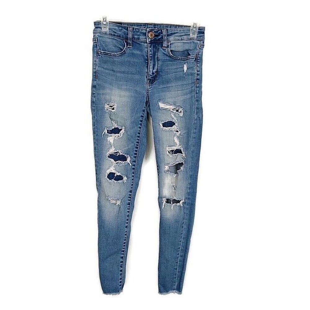 American Eagle Womens sz 2 Short Jeans Hi Rise Jegging Med Wash Distressed Denim